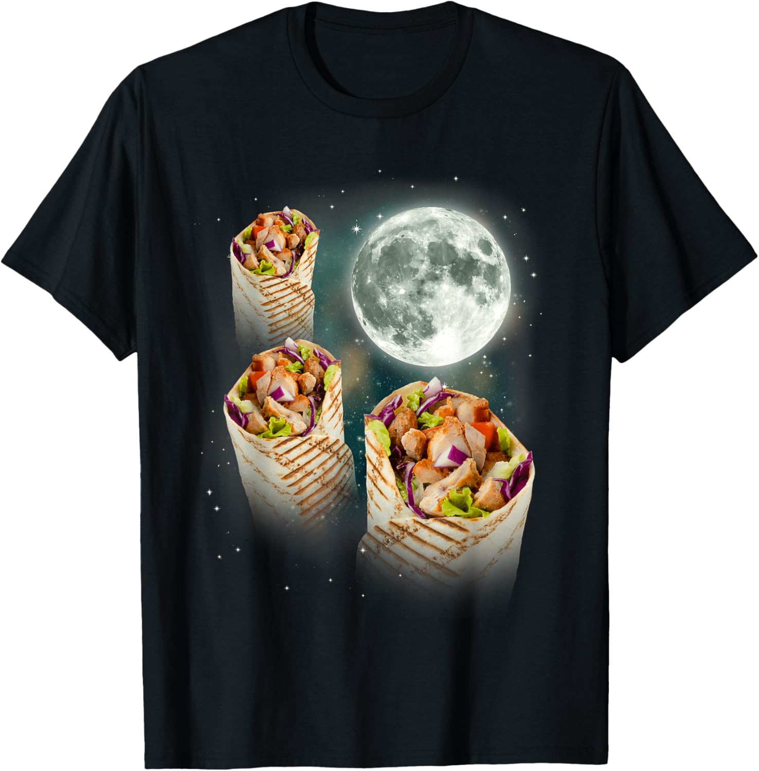 

Three Burrito Moon Funny Space Food Graphic Tee Casual Short Sleeve T-Shirt For Men 4XL