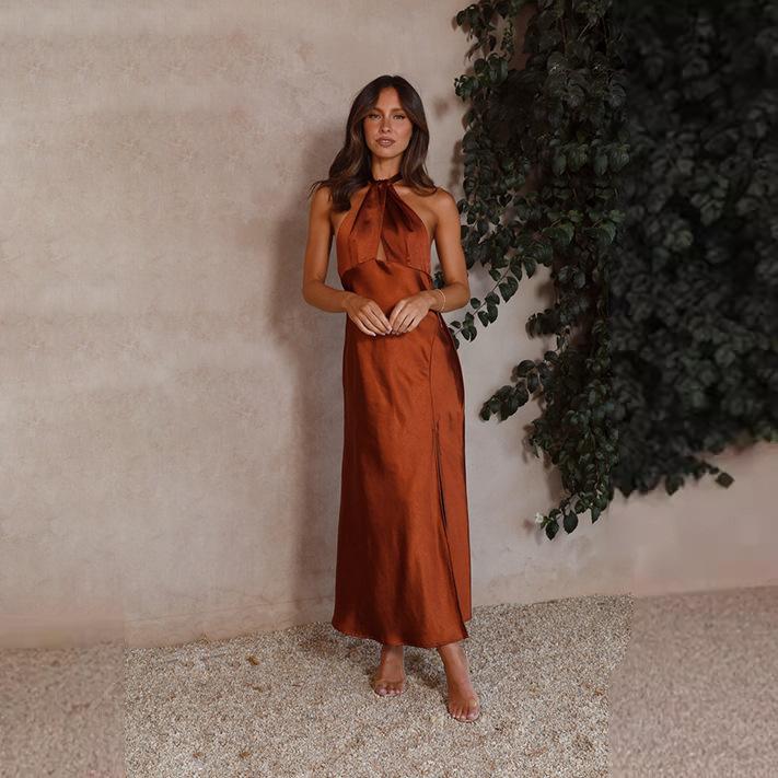 Spring and summer new women's clothing sexy waist hanging neck split long satin sleeveless dress women