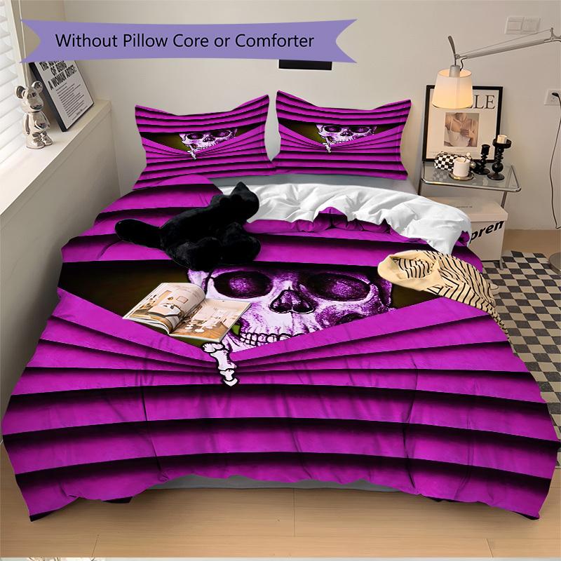 3PCs Skull, Bone Design Cover Set, Breathable Fabric, Machine Washable (1 Duvet Cover + 2 Pillowcases) (Without Quilt) yy250911059