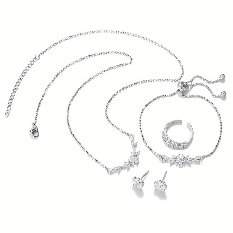 Simple and Stylish Zirconia Jewelry Set: Pendant Necklace, Adjustable Bracelet, Open Ring, and Earrings - a Perfect Holiday Gift