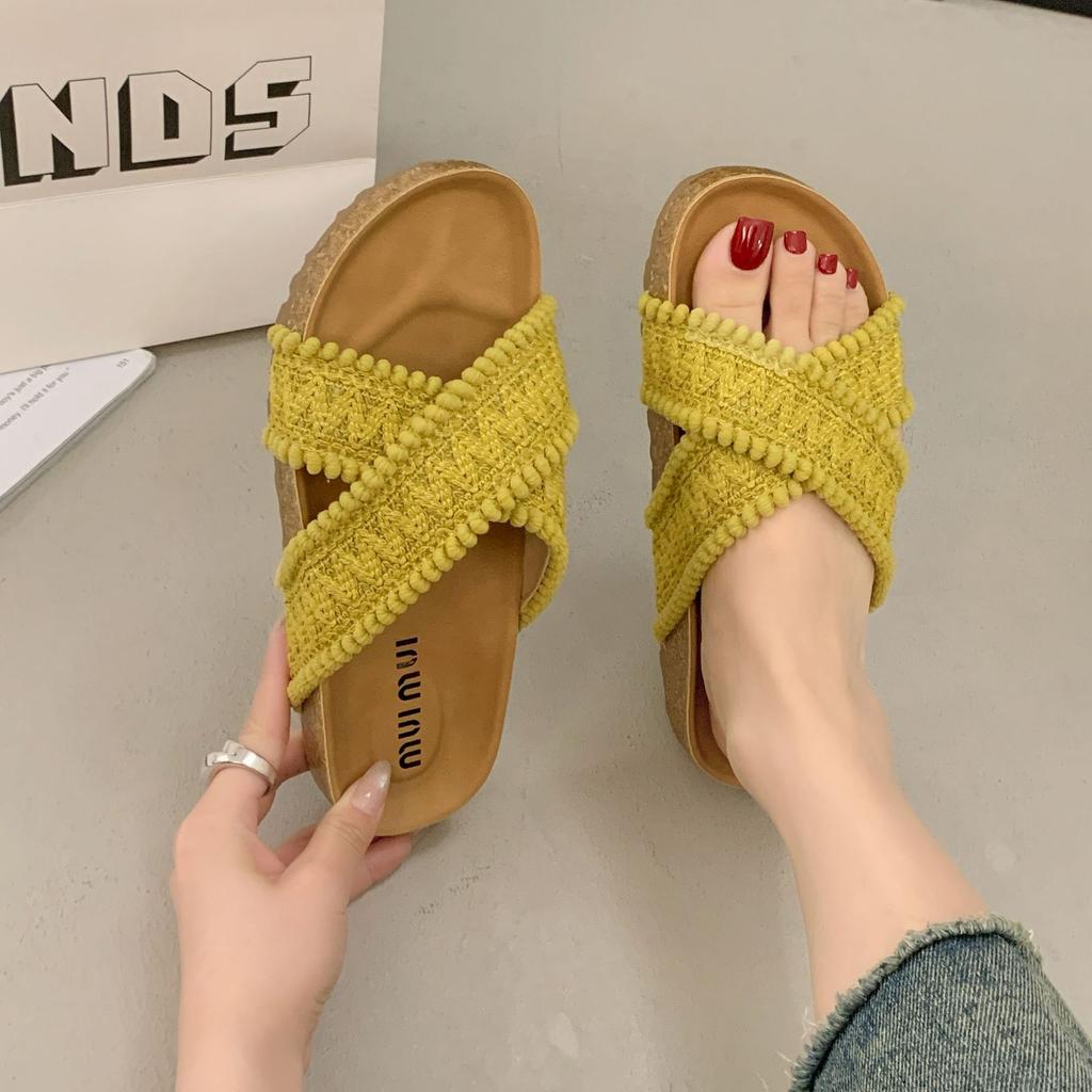 Retro woven cross-cool slippers women's outerwear 2025 summer new with skirt one-word slippers casual shoes