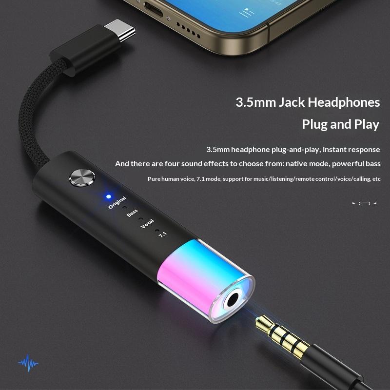 MH657B Type-C to 3.5mm Audio Adapter 4 Sound Modes In-line Control HiFi Sound Converter with RGB Light