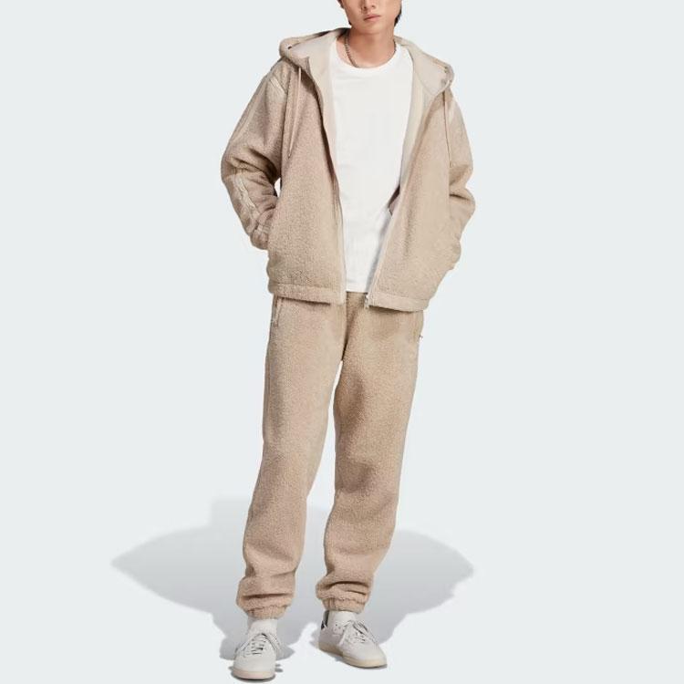 Adidas Originals Trefoil Premium Essentials Fleece Hooded Jacket Men Outerwear Beige IM4441