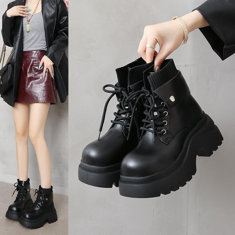 Autumn and Winter New Thick-soled Velvet Short Boots for Women, Cool Women's Leather Boots, British Martin Boots for Women