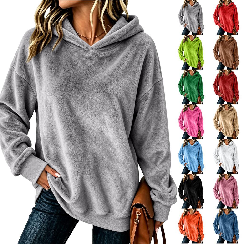 Women's Long Sleeve Flannel Hooded Pullover Color Casual Top