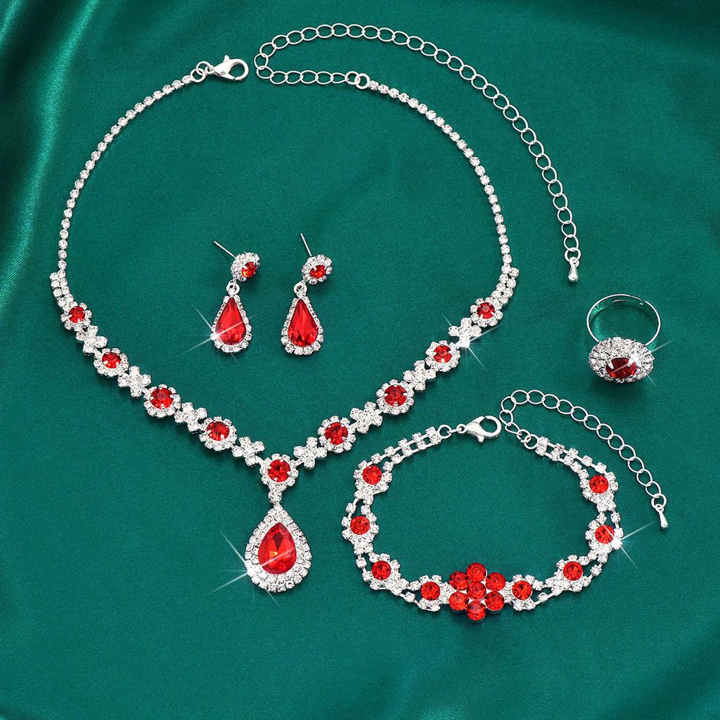 4PCS Copper Color Crystal Drop Necklace Earrings Bracelet Ring Jewelry Set for Women Rhinestone Wedding Party Accessories