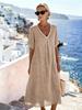 2026 New Casual Spring/Summer V-Neck Short Sleeve Loose Long Dress - Solid Color Cotton Linen