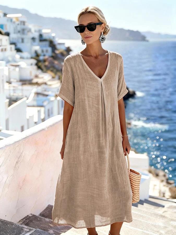 2026 New Casual Spring/Summer V-Neck Short Sleeve Loose Long Dress - Solid Color Cotton Linen