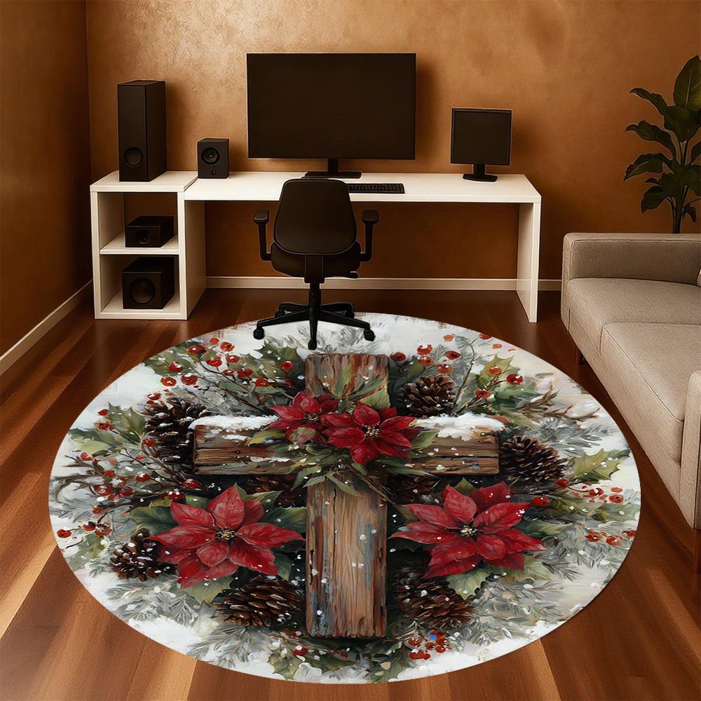 1pc Christmas wreath cross Round Chair mat office Area Rug - Non-Slip, Floor Mat for Office, Bedroom, Ideal home decor gift c0112132