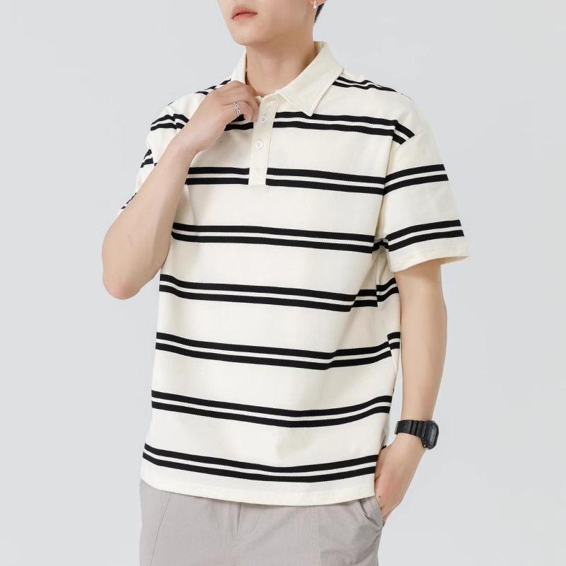 Men Beige Black Striped Short Sleeve Polo Shirt Loose Casual Cotton Blend Summer Top
