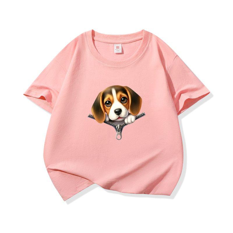 Kids Cotton T Shirt Cute Beagle Puppy Dog Zipper Print Crew Neck Short Sleeve Tee Casual Breathable Boys Girls Summer Tops