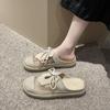 Fashion Fashion Mesh Wrapped Half Slippers Women's New Round Toe Shallow Mouth Splicing Front Lace-up Soft Sole Non-slip Flat Shoes