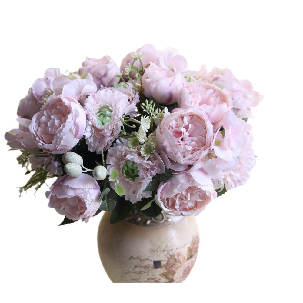 Vase Included Peony Bouquet Silk Flower Fake Plants Artificial Flowers  Home Garden Decor