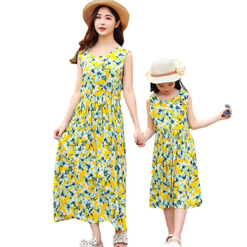 Children's Cotton Dress Summer Dress Family Foreign Style Floral Princess Dress Girls Beach Strap Dress