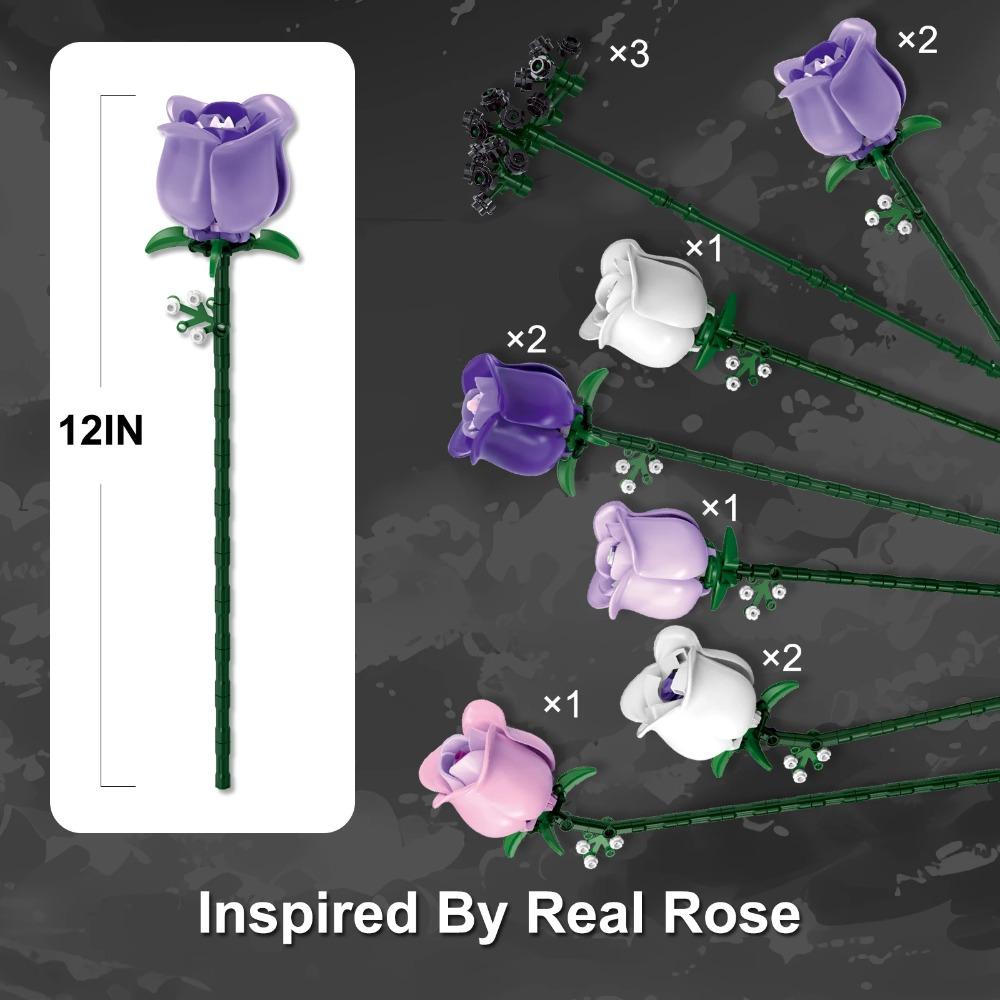 Purple Rose Bouquet Building Blocks - DIY Artificial Flower Bricks, Romantic Decor, Valentine/Easter/Mother's Day Gift