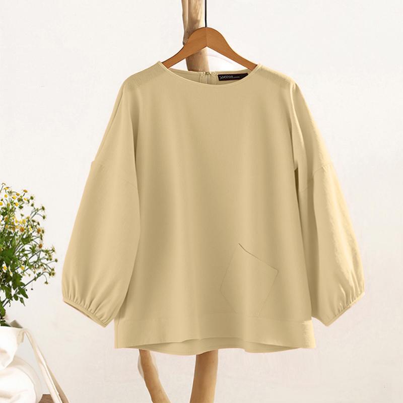 

ZANZEA Women Summer Round Neck Solid Color Loose 3/4 Sleeve Blouse 4XL хакі