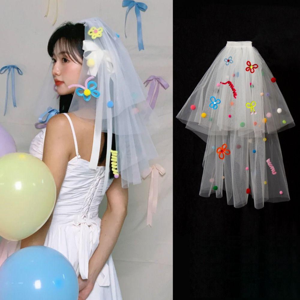 Photo Props Pompom Mesh Tulle Colorful White Veil Wedding Veils Bridal Veils Headdress Accessories