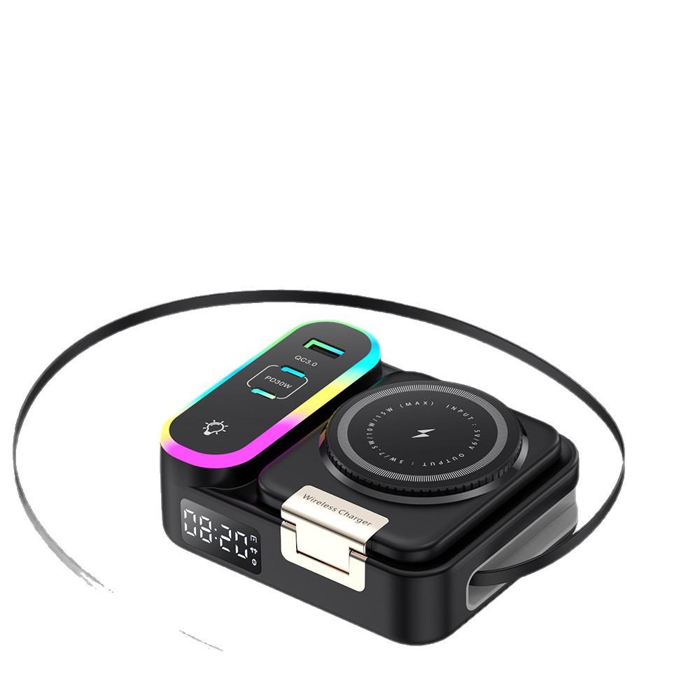 

8 in 1 Magnetic Wireless Charger Retractable USB-C Cable RGB Ambient Light Alarm Clock Multi-Device Desk Station