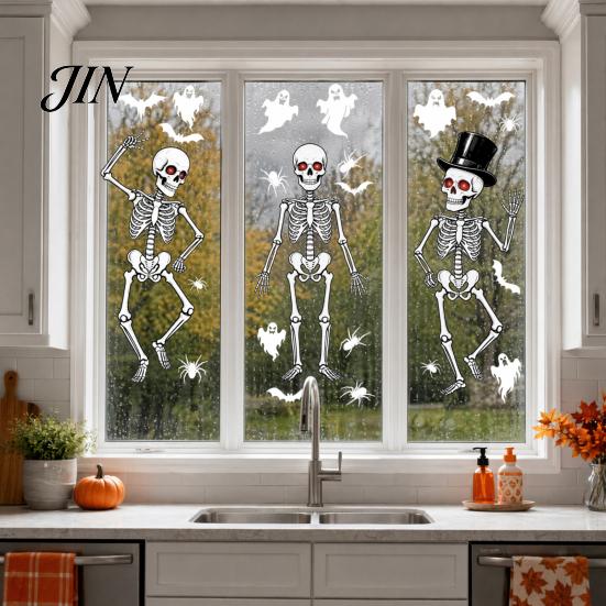 Rent-friendly Glass Decal 3Pcs Halloween Skeleton Stickers, Waterproof PVC Window Clings, Static Decals, Stress-free Removable Stickers for