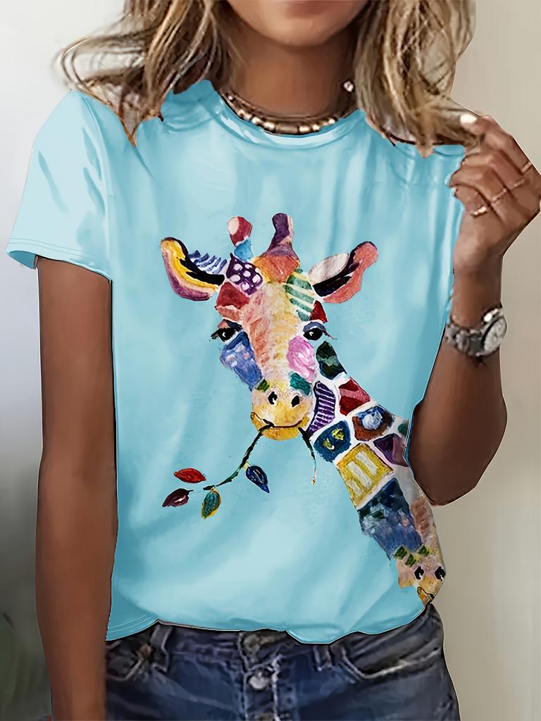 Buntes abstraktes Giraffen-Damen-T-Shirt - Lebhaft gemustertes Grafik-Design, Künstlerischer Tierprint für lässige Alltagskleidung