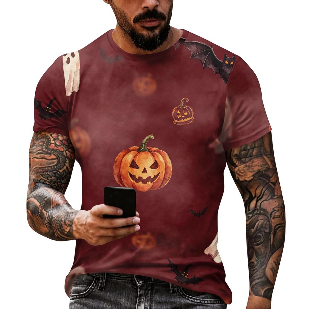 Men's Halloween Graphic Short Sleeve T Shirt Loose Fit Casual Summer Daily Top with Skull and Pumpkin Print for Everyday Wear