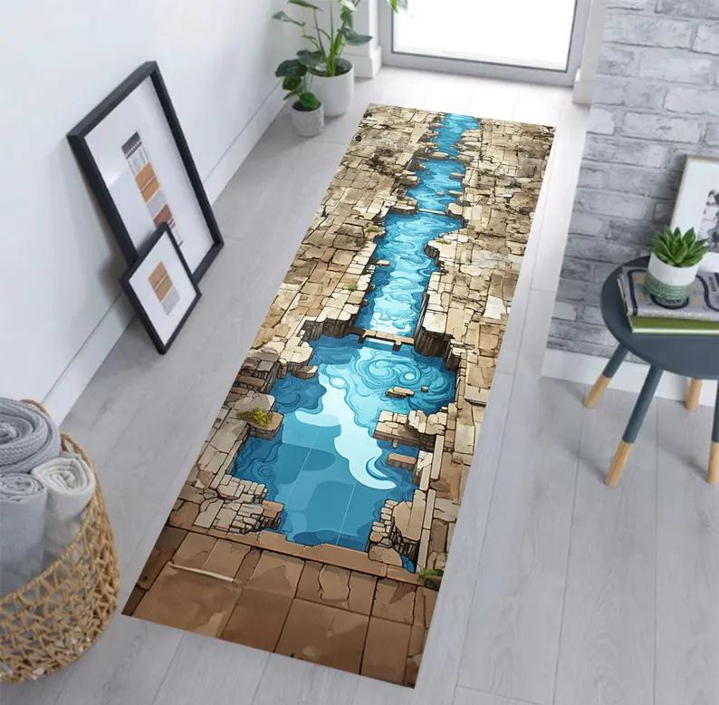 3D Luminescent Waterfall Carpet Glowing Cascade with Rock Cliff Print Runner Rug Ethereal Blue Flow Floor Mat Fashion and Beauty