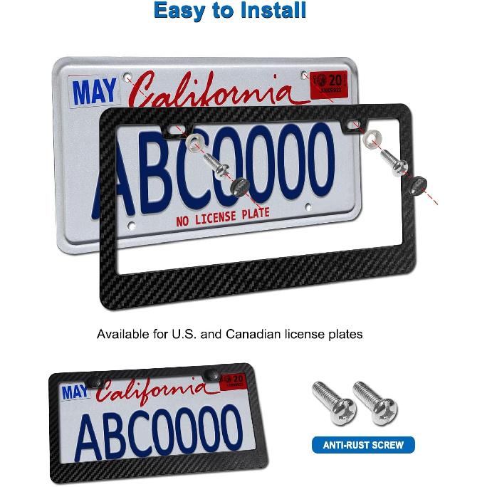 Black Carbon Fiber License Plate Frames, Plastic Number Plate Holder Print Carbon Pattern for Men and Women, 2 Pack with Screws Caps for Front Rear