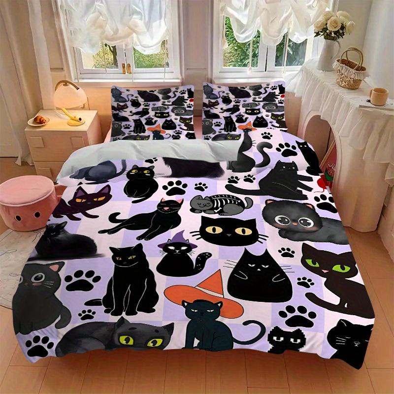 Set Copripiumino Gatti Neri 3 Pezzi, Set Copripiumino Stampa Classica alla Moda Popolare, Morbido Confortevole, Uso Stagione Singola, Per Camera da Letto, Camera degli Ospitia0819134
