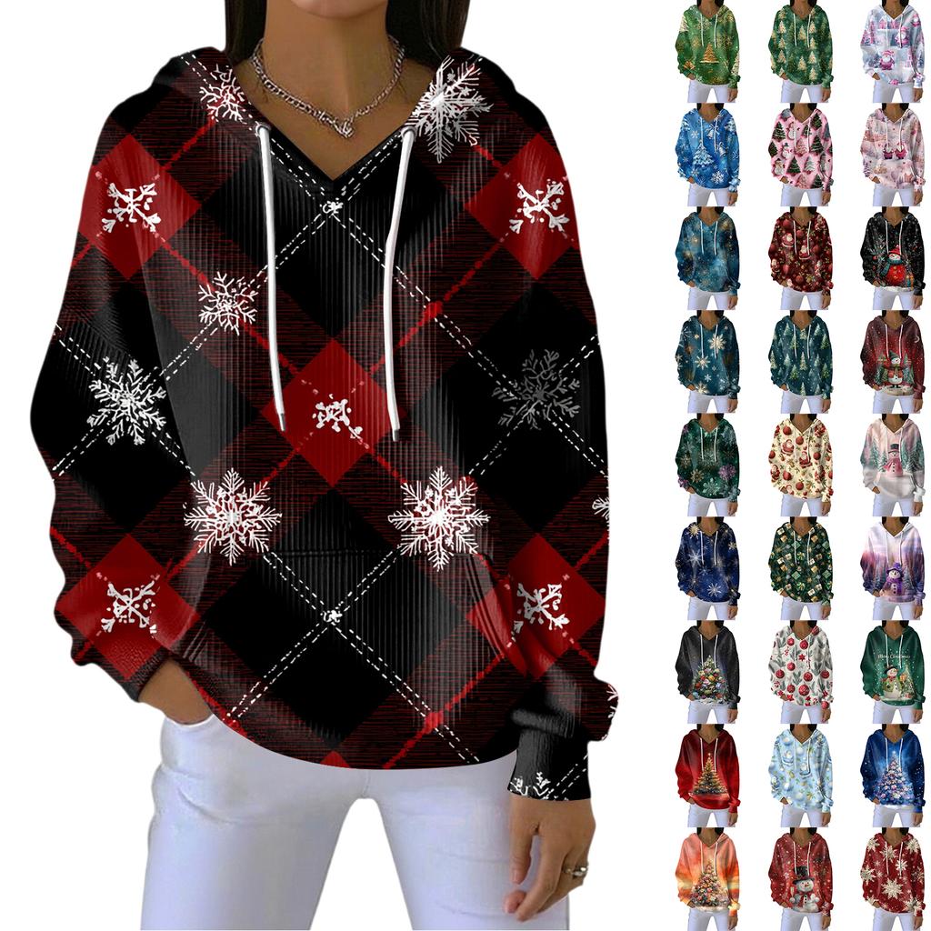 Women's Loose Comfortable Casual Fashion V-Neck Christmas Print Long Sleeve Hoodie