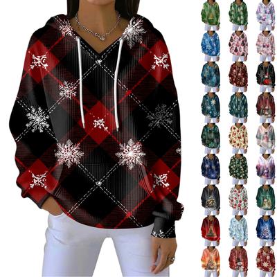 Women's Loose Comfortable Casual Fashion V-Neck Christmas Print Long Sleeve Hoodie