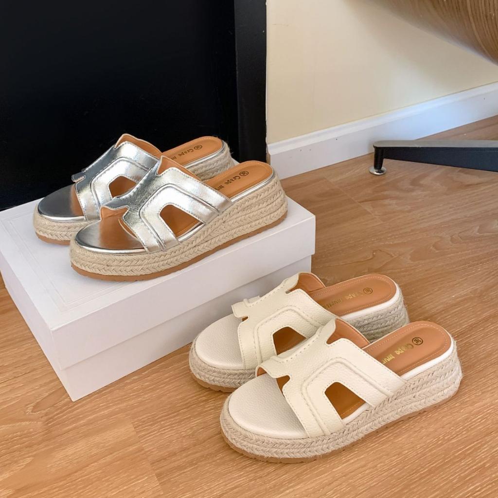 Grape Mom's new summer models increase in height by 6cm~ Literary and retro one-word thick-bottomed wedges woven cool slippers for women's summer wear