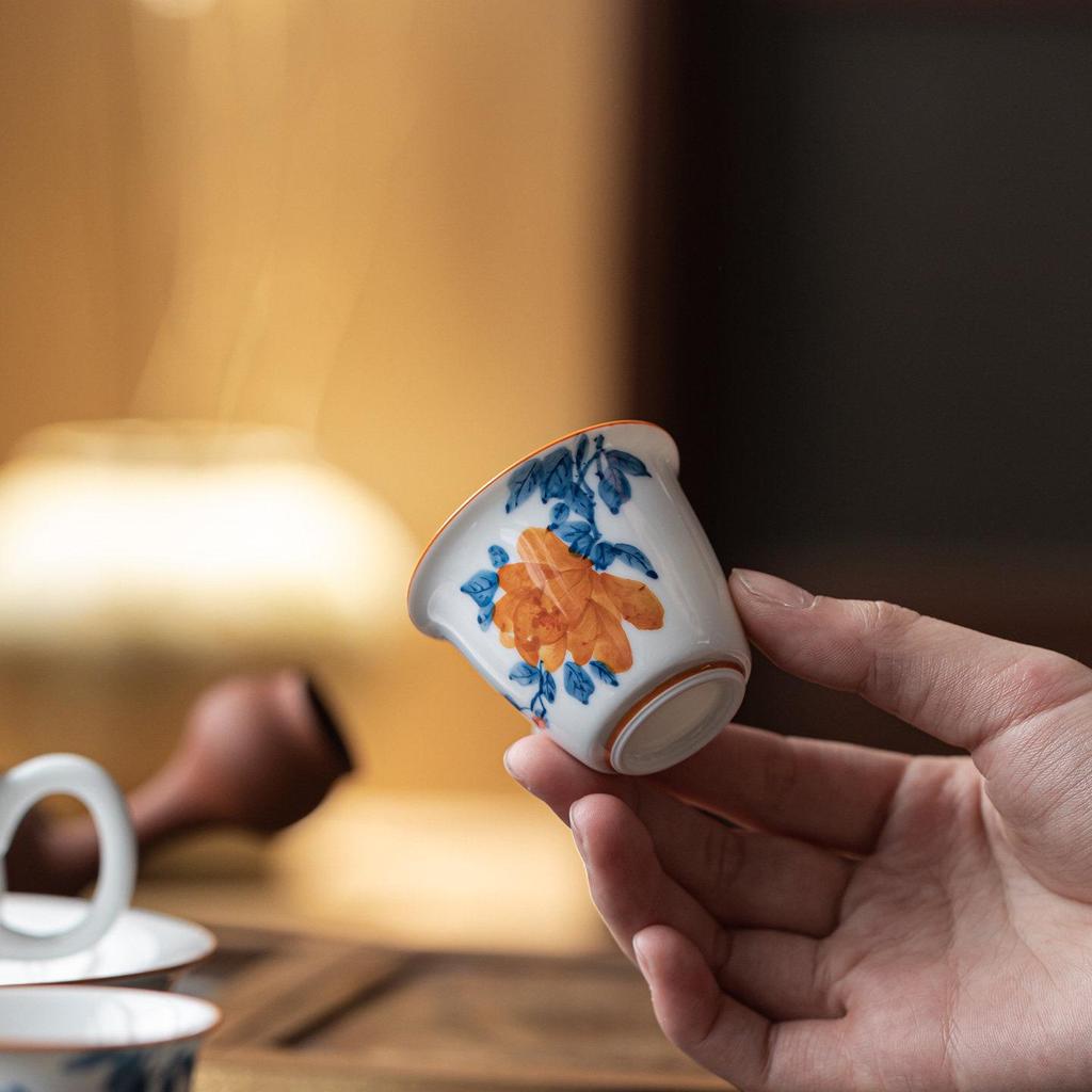 Guanlan Hand-Painted Peony Ceramic Tea Cup, Single Kung Fu Master Cup for Personal or Guest Use