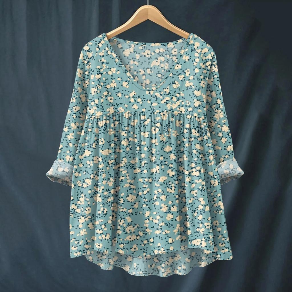 Damen Modisches Und Lässiges Hemd Langärmlig V-Ausschnitt Druck Baumwolle Und Leinen Bluse