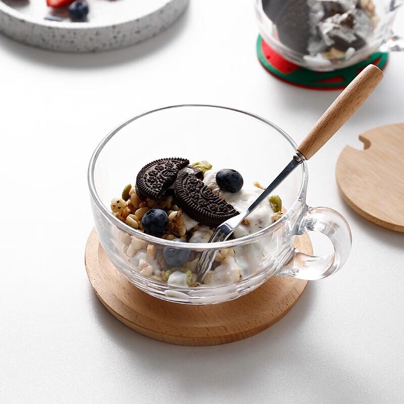 Große japanische Frühstückstasse aus gehärtetem Glas mit Bambusdeckel & Holzlöffel