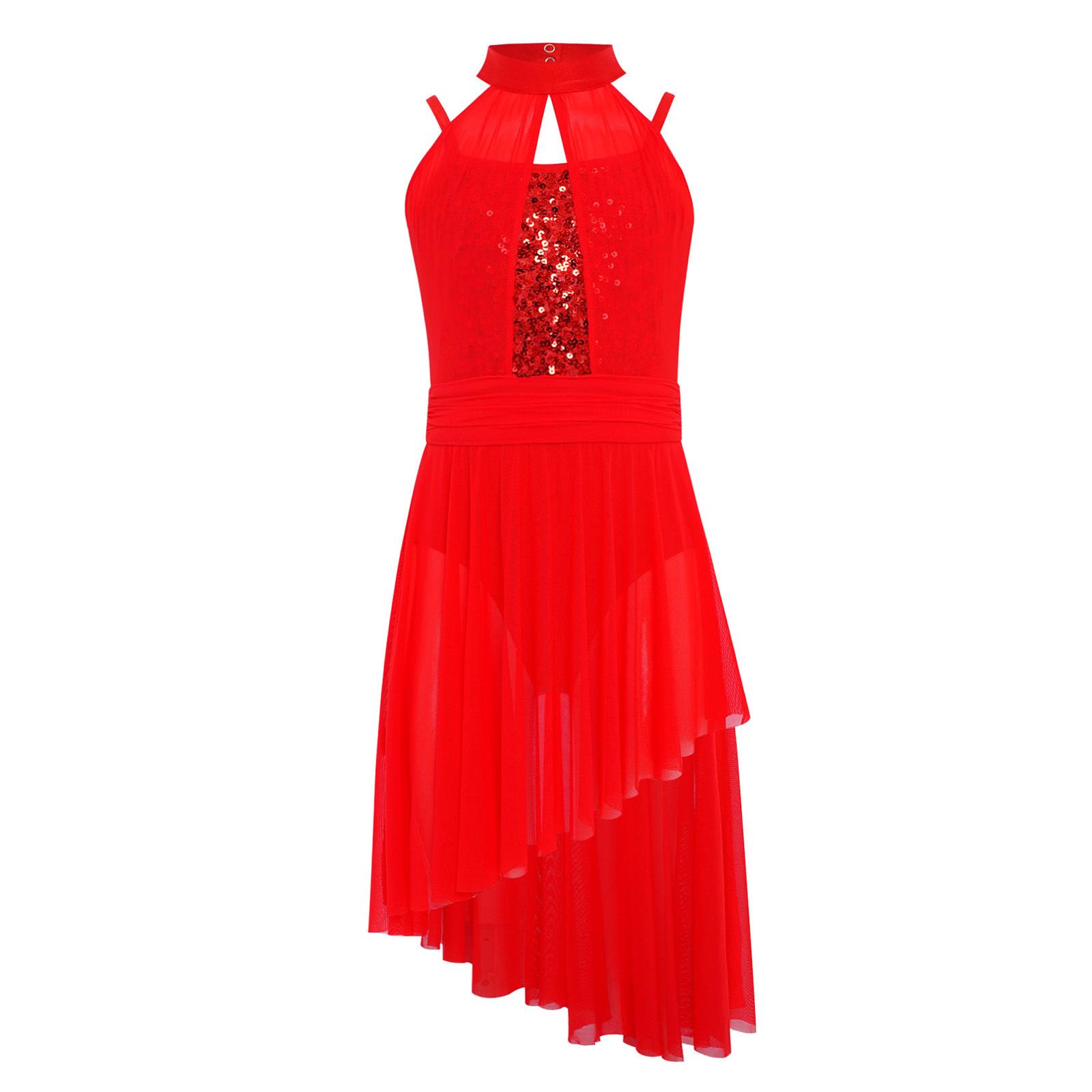 

Girls Lyrical Performance Costume Shiny Sequins Sleeveless Asymmetrical Dance Dress with Sheer Mesh Skirt 5-6 Years червоний