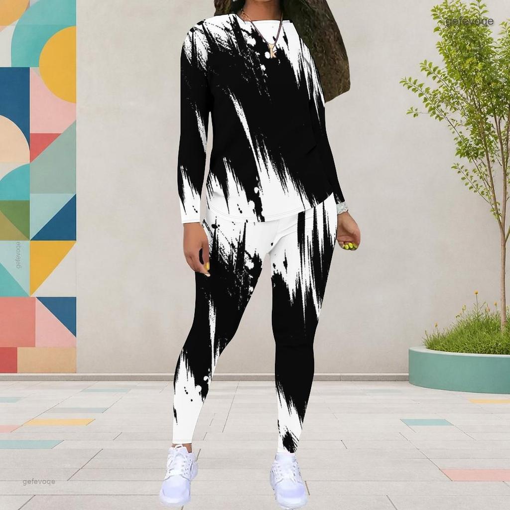 Women Plus Size Two Piece Pants Set Round Neck Long Sleeve Black White Geometric Printed Outfit
