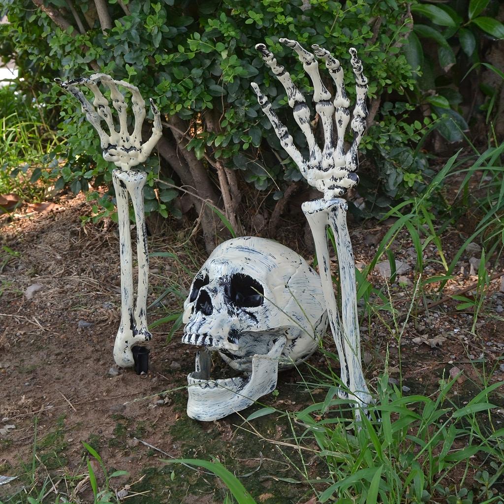 3pcs Halloween Decor Skeleton Stakes with Two Crows Realistic Skull Skeleton Head Human Hand Arms for Halloween Party Decoration