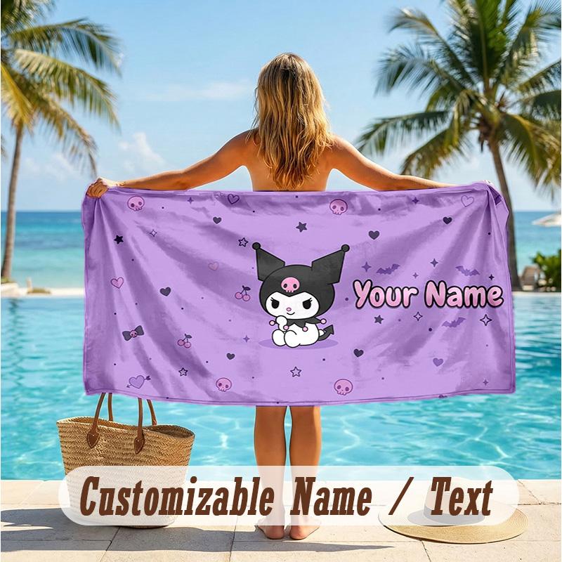 Custom Text Beach Towel, Soft Absorbent Swimming Multi-use TowelKuromi