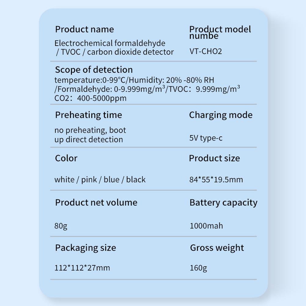 Electrochemical Formaldehyde Sensor Air Quality Detector HCHO TVOC CO2 Tester High Precise