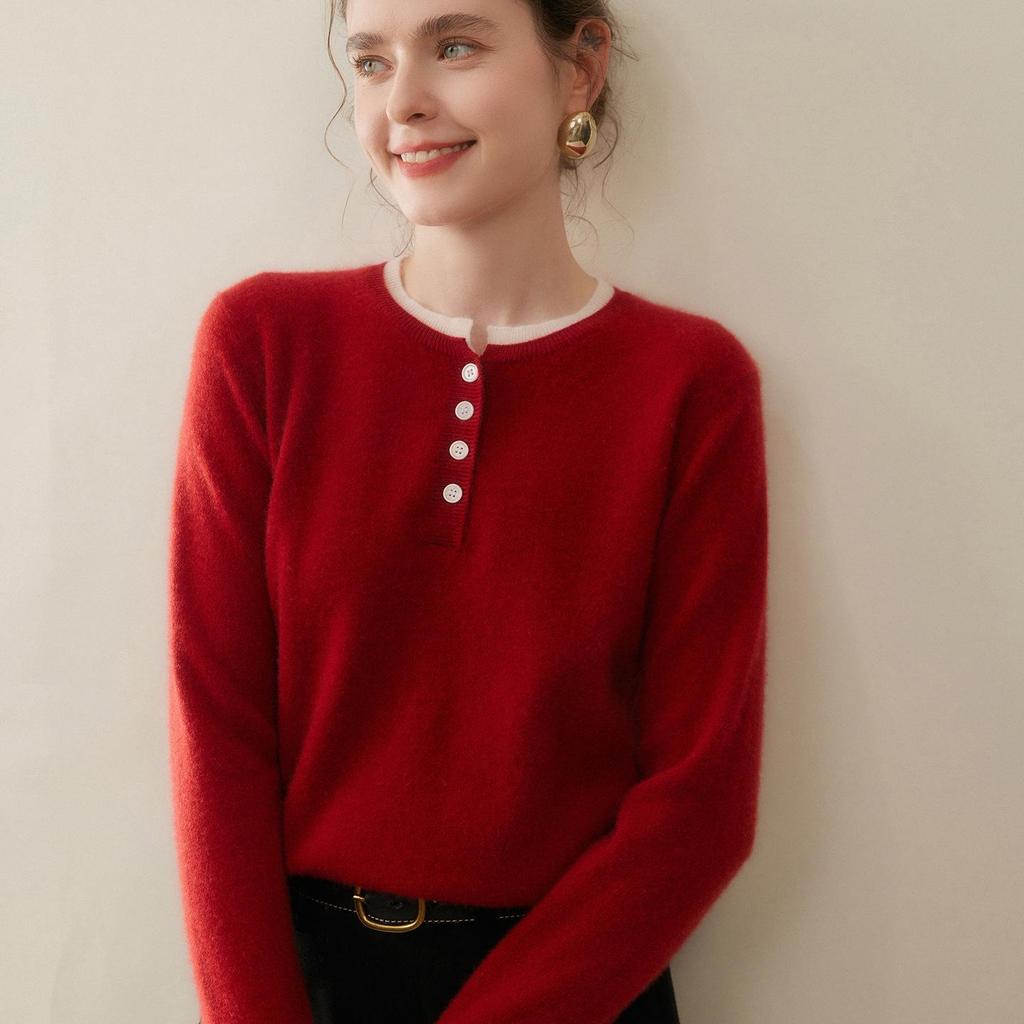 Autumn/Winter 2025 Women's Cashmere Sweater: Round Neck, Button-Up, Loose Fit, Color Block Long Sleeve Knit