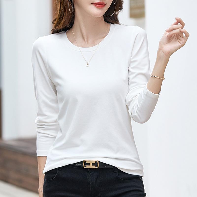 

Рубашка с эластичным низом, топы для женщин, новинка 2024 года, с круглым вырезом, весна и осень, белая черная футболка с длинными рукавами и внутренней частью XL белый