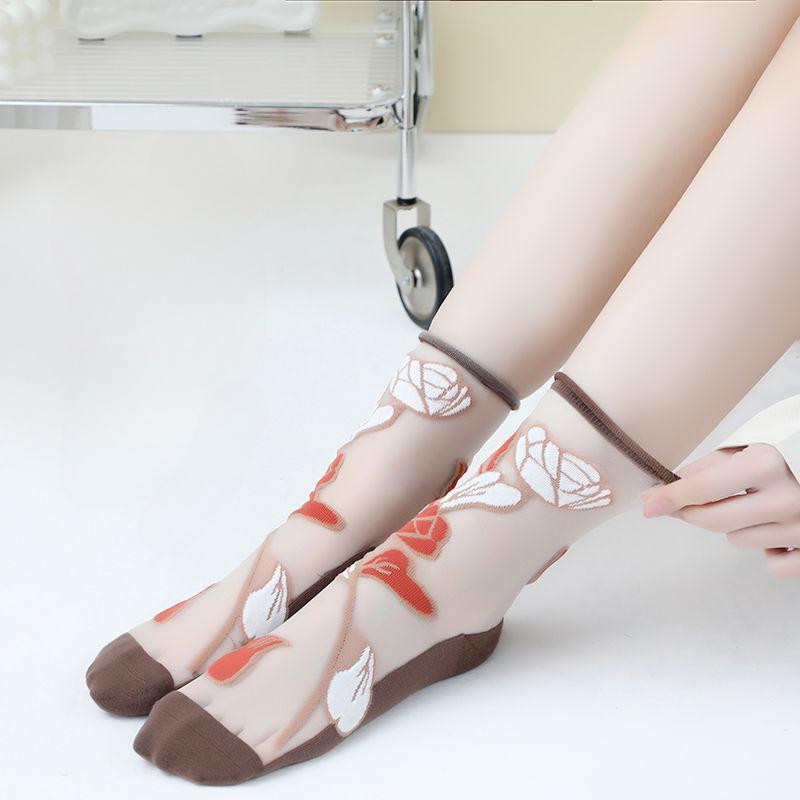 1/3/5/10 Pairs See Through Transparent Nylon Long Socks Women Summer Ultra-thin Breathable Crystal Silk Socks Embroidery Floral Cute Lace Socks