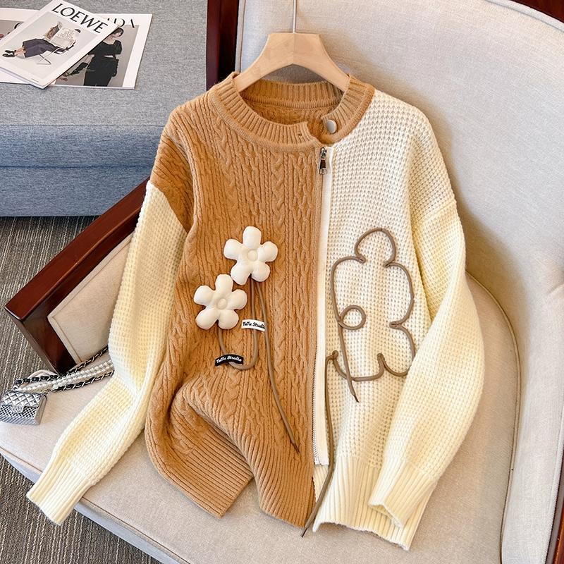 

DIMANAF 2024 Осень Женские Сращенные Свитера Вязание Повседневный Стиль О-Образный Вырез Молния Свободный Пуловер Свитер One Size бежевый