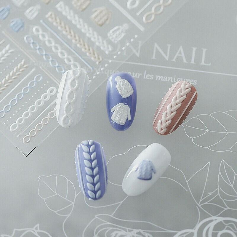 Decals Nail Sweater Cloth 5D Nail Stickers Embossed Winter Knit Art Decorati