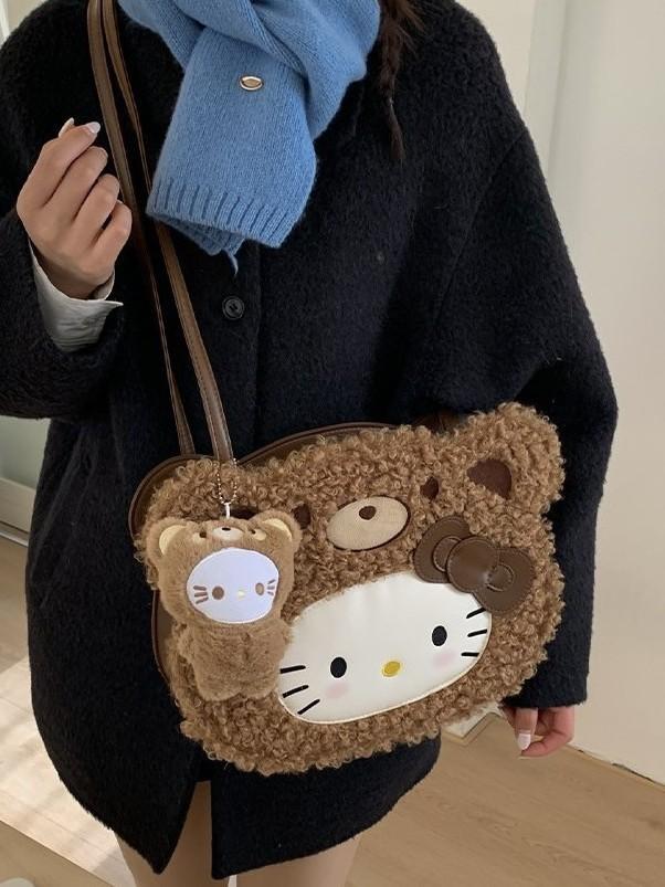 Hello Kitty Cartoon Plush Faux Leather Backpack For Daily Use And Storage