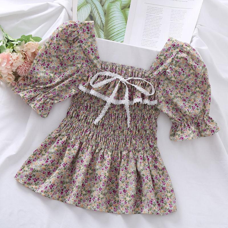Broken Flower Sweet Puff Sleeve Women Blouse Slim Elastic Waist Square Neck Short Sleeve Top Lace Bow Decoration Fairy Casual
