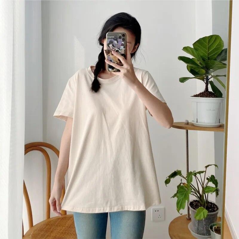 Johnature Solid Color Casual Women T-Shirts Summer Simple O-neck Pullover All Match Loose 3 Colors Female Tops