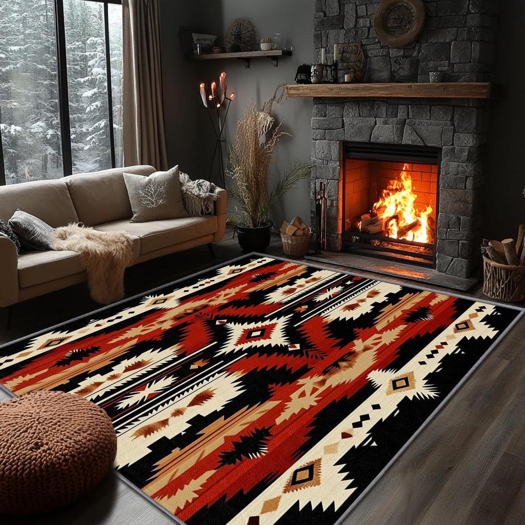 Southwestern Aztec Star Print Area Rug, Turquoise & Orange Tribal Design Non-Slip Floor Mat for Living Room Bedroom Home Decor