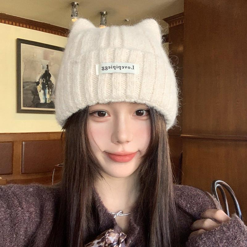 1Pc Cat Ear Knitted Beanies, Cute Winter Warm Wool Hats For Women, Korean Style Fashion Headwear