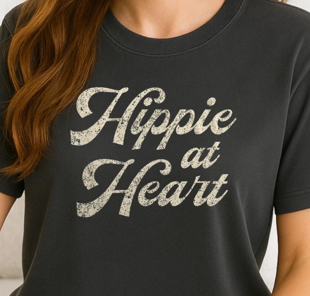 Hippie at Heart T-shirt | Retro Script Boho Graphic Tee, 60s and 70s Vibe Shirt S